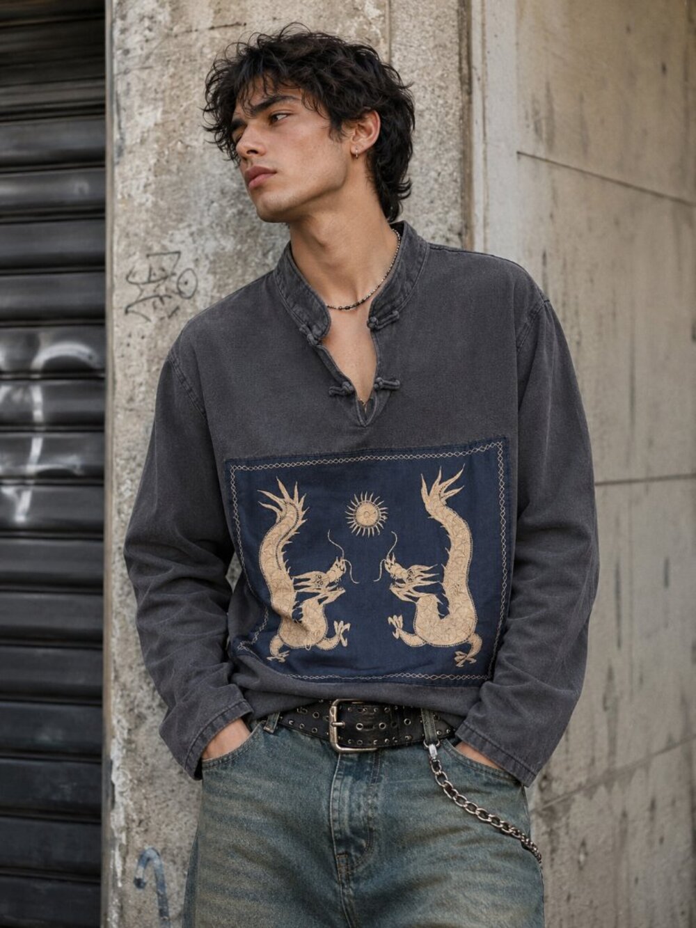 Vintage Dragon Embroidered Mandarin Collar Pullover Shirt Goth Y2K Medium